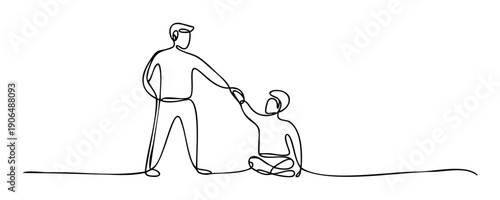 Continuous line drawing showing an adult helping a child, symbolizing support, guidance, and connection in family relationships for educational and emotional content applications.