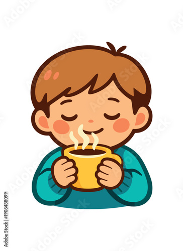 kid holding warm cup with steam cozy sensory comfort moment clean shapes. colored flat icon vector illustration