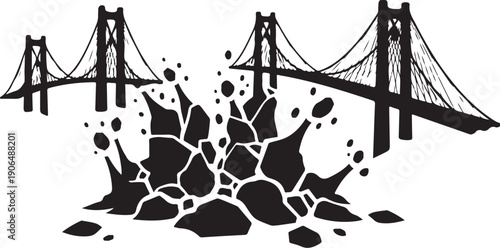Bridge Silhouette with Broken Ground and Explosion Effect Black