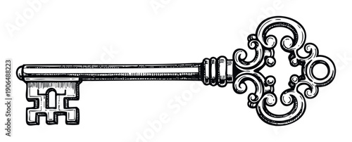 Detailed antique key with an ornate bow and intricate bit drawn in a vintage engraving style representing security access or discovery for various graphic projects