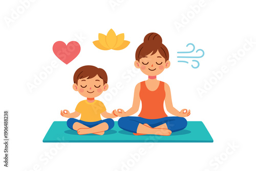 parent and child doing simple yoga pose together mat heart and breath mindful family routine clean shapes. colored flat icon vector illustration
