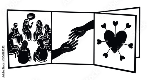 Dynamic threepanel visual portraying people in a support group, empathetic hands reaching for connection, and a symbolic heart overcoming emotional pain, useful for mental health and