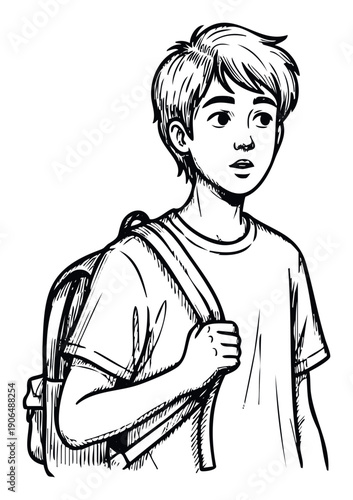 Thoughtful schoolboy with a backpack over his shoulder, presented in a striking black and white line drawing, ideal for academic publications or youth lifestyle content.