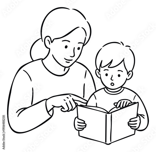 Caring woman reading an engaging storybook to a curious young boy, fostering education and imagination for educational content and family bonding resources