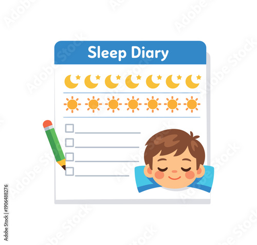 sleep diary page with row of tiny moons and suns and child face tracking kids sleep clean shapes. colored flat icon vector illustration