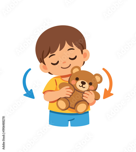 child gently rocking plush toy side to side modeling calm rhythm soothing action clean shapes. colored flat icon vector illustration