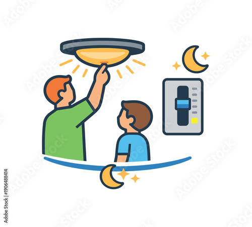 parent dimming ceiling light with switch and small moon icon bedtime lights down clean shapes. colored flat icon vector illustration