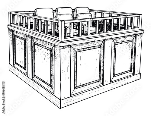 Traditional wooden jury box with spectator seating and railing for courtroom scenes legal proceedings or educational materials