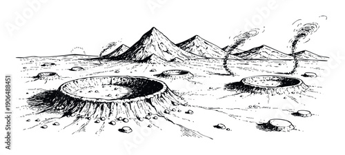 Discover a stark extraterrestrial landscape featuring numerous impact craters, jagged peaks, and swirling atmospheric phenomena, perfectly suited for educational materials or science