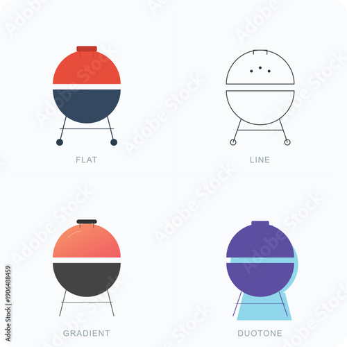 Professional charcoal kettle grill icon set in four variations including flat and line art for barbecue restaurant menus summer picnic flyers and outdoor cooking apps