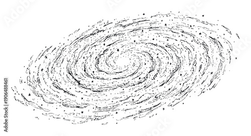 Hand drawn ink style spiral galaxy cosmic illustration for astronomy projects, space exploration themes, science education materials, and universe related visual content
