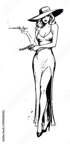 Mysterious woman in a wide brimmed hat and elegant dress holding a smoking cigarette and a handgun, suitable for crime drama, film noir, or detective story themed projects