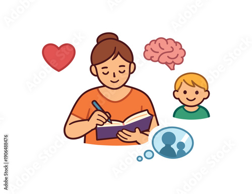 parent writing small journal with heart brain child reflective parenting practice clean shapes. colored flat icon vector illustration