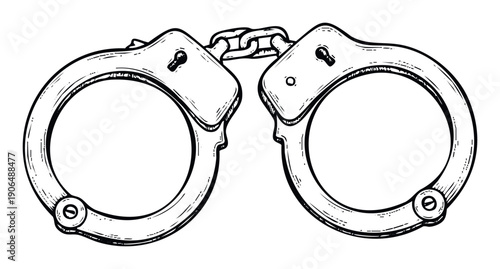 Robust metal handcuffs with detailed keyholes and strong chain links symbolizing law enforcement, justice, and security for legal and public safety related content.