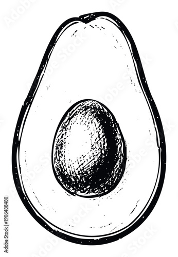 Fresh half avocado with inner pit depicted in a grunge sketch technique, excellent for organic food branding, culinary blogs, and health product advertisements.