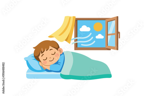 child lying under light blanket with open window and curtain slightly moved fresh air sleep clean shapes. colored flat icon vector illustration