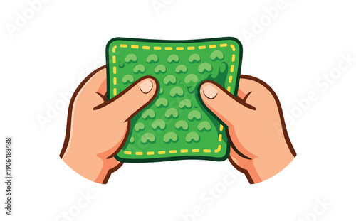 kid gently rubbing textured fabric between fingers tactile regulation tool clean shapes. colored flat icon vector illustration