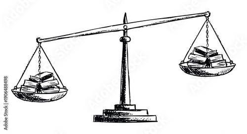 A hand drawn illustration depicting a classic balance scale weighing stacks of books on both pans, symbolizing the importance and weight of knowledge and education for learning and wisdom