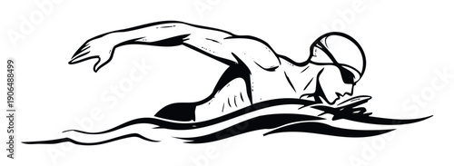 Stylized visual of a focused swimmer executing a powerful crawl stroke in motion, ideal for swim team promotions, fitness training materials, or active healthy lifestyle communication.