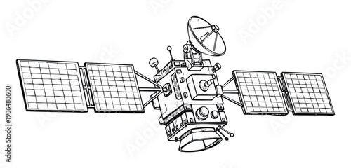 Stylized drawing of a modern communication satellite with solar panels and an antenna for space exploration and global data transmission ideal for science education and technological