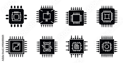 Collection of microchip and integrated circuit icons representing computing hardware and advanced technology, suitable for software development, engineering, or digital innovation