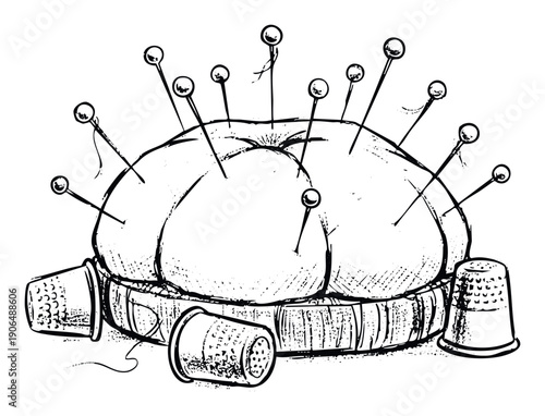 Classic sewing essentials featuring a round fabric pin cushion filled with pointed metal pins and various thimbles, perfect for craft store promotions or DIY project guides