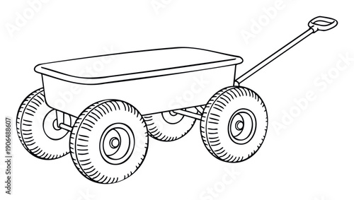 Simple line drawing of a classic fourwheeled wagon with a pull handle, perfect for childrens books, educational materials, or coloring page activities.