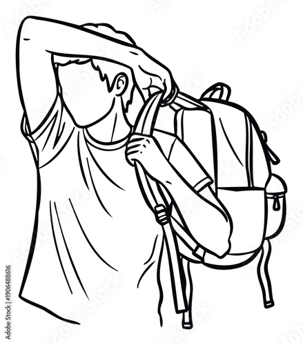 Young man preparing for a journey by putting on his backpack, perfect for lifestyle blogs, travel guides, or educational materials about daily routines