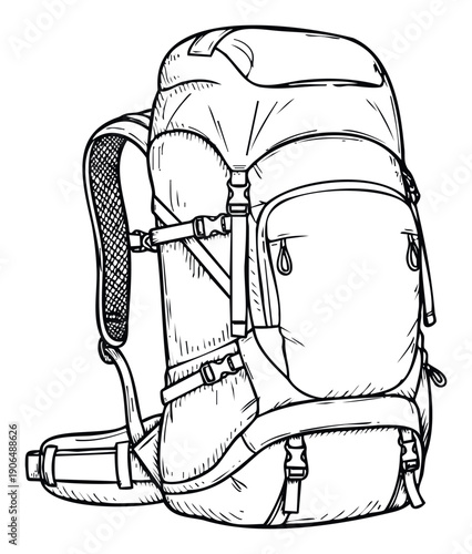 Hand drawn black outline sketch of a robust hiking backpack with straps and buckles, perfect for outdoor enthusiasts, adventure travel, camping, and trekking equipment guides.