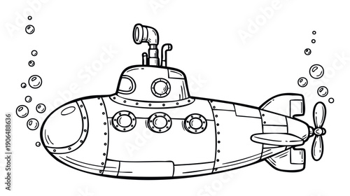 A charming handdrawn submarine navigating underwater with rising bubbles, ideal for educational content, kids activities, and marine adventure stories.