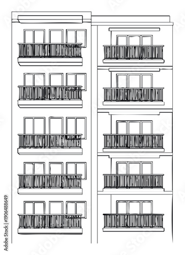Architectural outline drawing showcasing a multistory building facade with balconies and windows, suitable for construction industry presentations or urban development projects.
