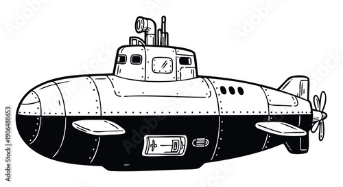 Monochromatic graphic drawing of a classic submarine with a periscope and propeller suitable for childrens books, educational materials, or marinethemed projects