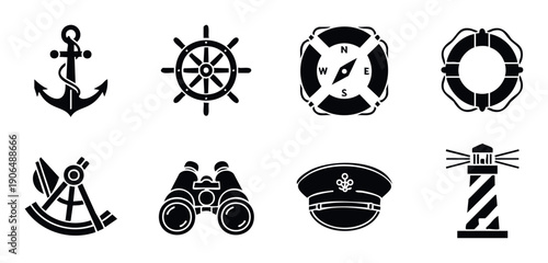 Nautical and maritime icons featuring anchor, ship wheel, compass, and lighthouse, useful for app interfaces and marine business branding projects.