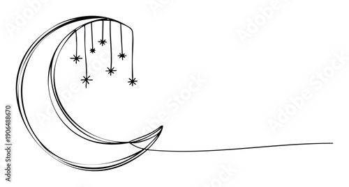 Minimalist continuous line drawing of a crescent moon with hanging stars, perfect for celestial themes, dreamrelated projects, nursery decor, or magical event invitations.