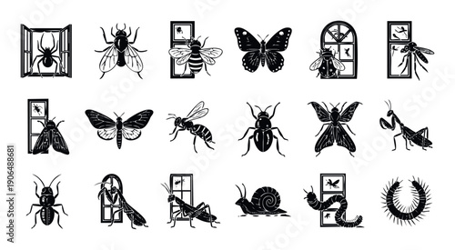 Collection of insect and bug silhouettes featuring spiders, flies, bees, butterflies, moths, beetles, wasps, mantises, grasshoppers, snails, caterpillars, and centipedes for nature studies