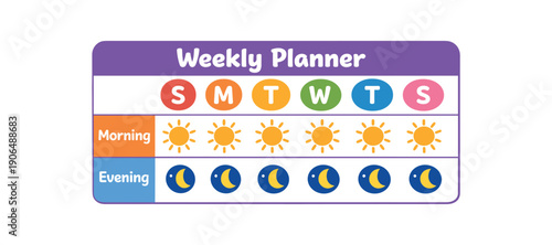 weekly planner with small moon on evenings and sun on mornings simple kids sleep routine overview clean shapes. colored flat icon vector illustration