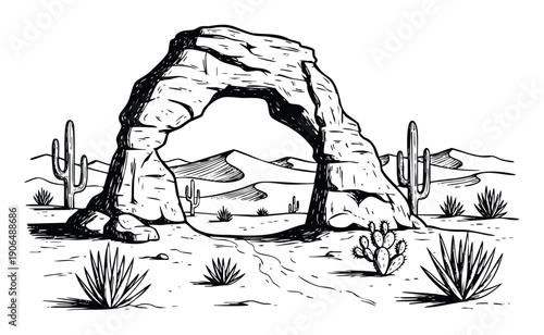 Black and white sketch of a dramatic desert landscape featuring a grand natural rock arch surrounded by saguaro cactus and arid plants, perfect for adventure and travel themes