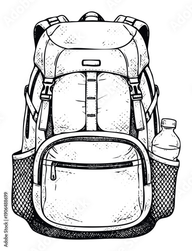 Durable backpack with multiple pockets and a water bottle in a side mesh holder, perfect for outdoor adventure activities, travel, and camping trips