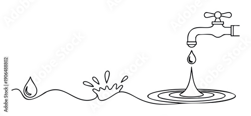 Simple line drawing of a dripping water faucet showing concepts of water conservation and plumbing for educational content and environmental awareness campaigns.