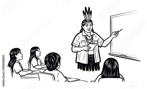 Native American teacher educating students in a classroom setting, illustrating cultural education and community learning opportunities for school projects and educational materials.
