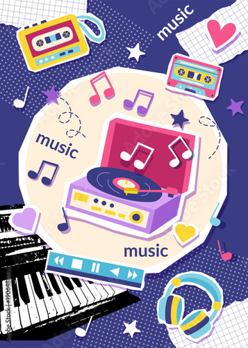 Colorful music retro collage poster with vinyl record player, headphones, cassette, recorder and piano. Concept of music, retro, 90s. Vector flat background.