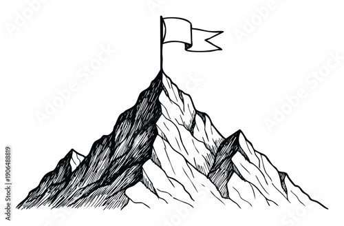 Mountain peak drawing with flag represents conquering challenges and achieving goals, ideal for business motivation presentations or personal development coaching materials.