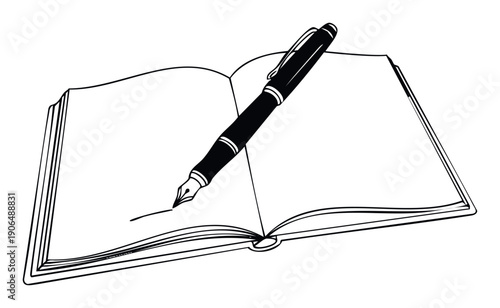 Classic open book with blank pages and a fountain pen poised for writing, perfect for educational materials, publishing ventures, or creative writing resources.