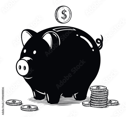 Classic black piggy bank receiving a dollar coin drop with scattered and stacked coins symbolizing financial savings investment and economic growth for personal finance and business ventures