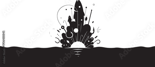 Black and White Rocket Ship Launching into Space Illustration