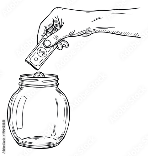 Hand placing a dollar bill into a glass jar with a coin symbolizing financial saving investment and donations suitable for banking and personal finance education materials