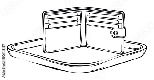 Line drawing of an open wallet displaying multiple card slots standing upright in a catchall tray, perfect for financial planning guides and personal budgeting materials.