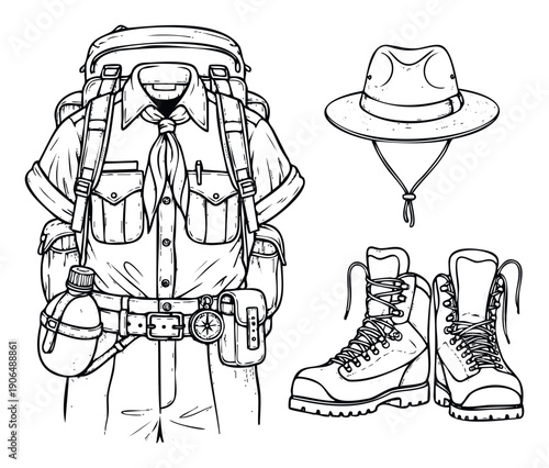 Classic black and white line drawing depicting a complete scout or adventurer outfit including a backpack uniform hat and hiking boots ready for outdoor exploration activities