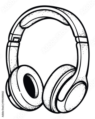 Stylish black outline headphones featuring a textured sketch aesthetic providing an ideal visual for music streaming promotions, audio equipment sales, and entertainment blogs.