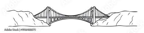 Hand drawn line artwork showcasing a grand suspension bridge connecting two rugged landforms over calm waters, ideal for engaging childrens educational materials or simple graphic